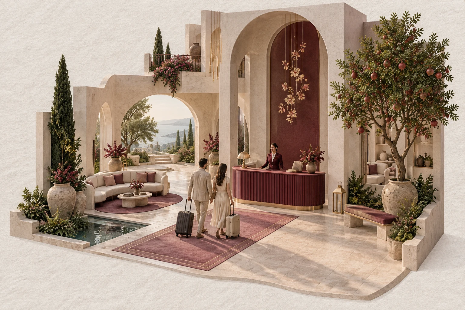 Guests being welcomed by a hotel receptionist