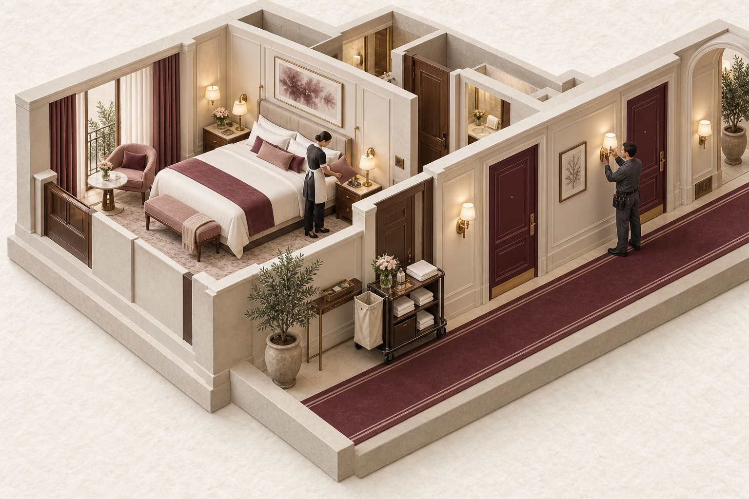 A hotel corridor miniature with housekeeping inspecting a room and a technician attending to a fixture