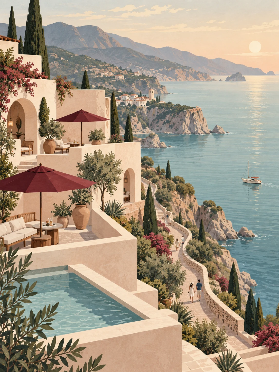Editorial illustration of a coastal resort above a quiet bay