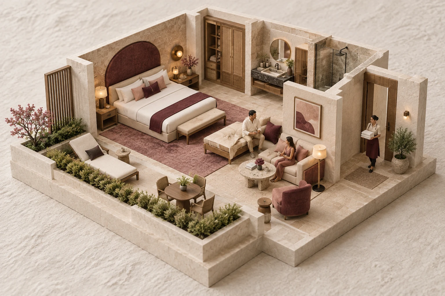 A carefully furnished miniature suite with guests and a staff member bringing folded towels