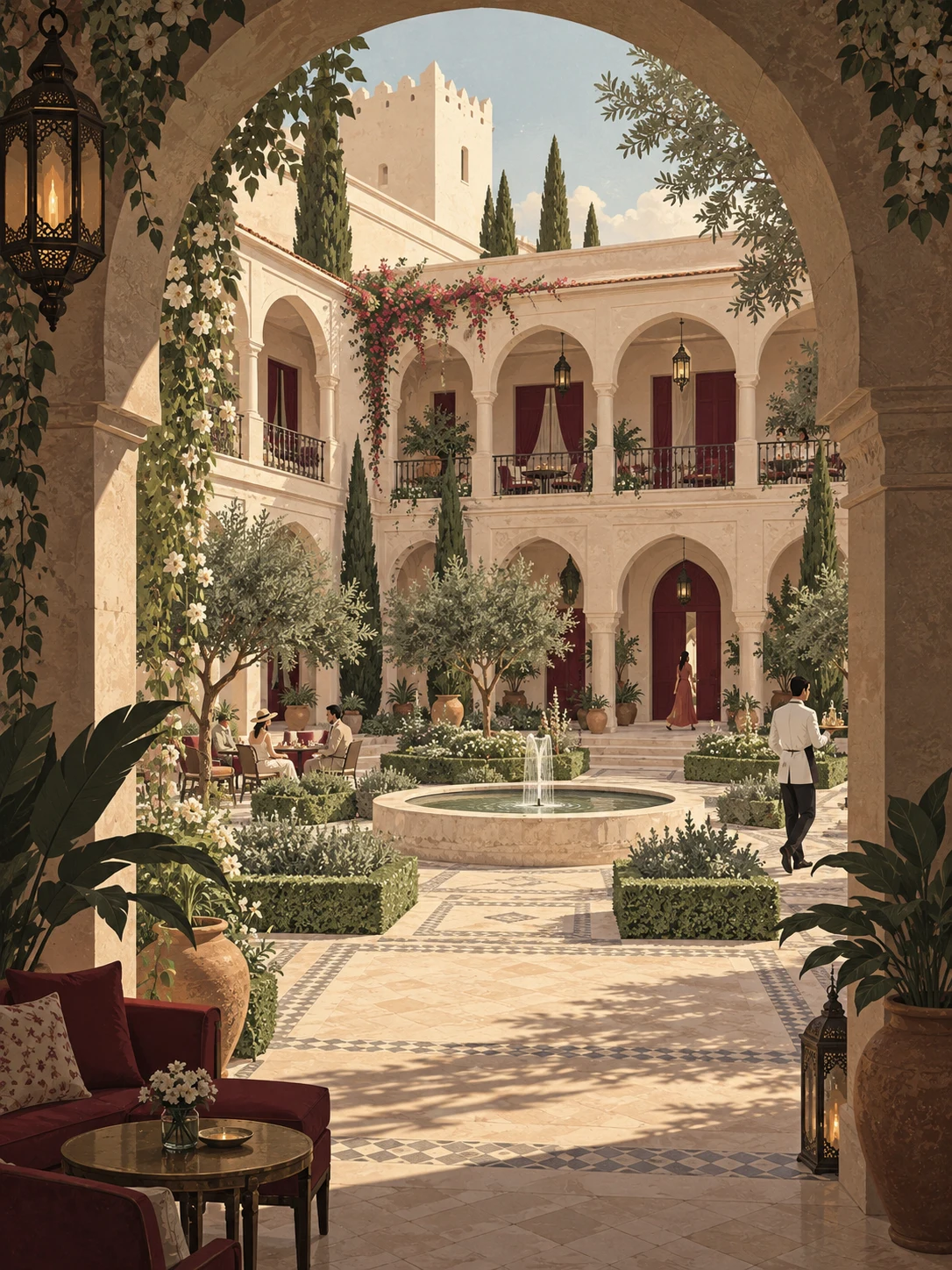 Editorial illustration of a heritage courtyard hotel with small guests and staff