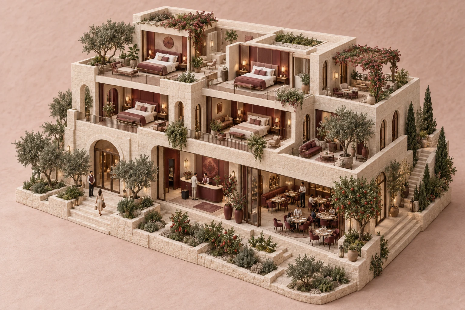 A terraced hotel with warmly lit guest rooms