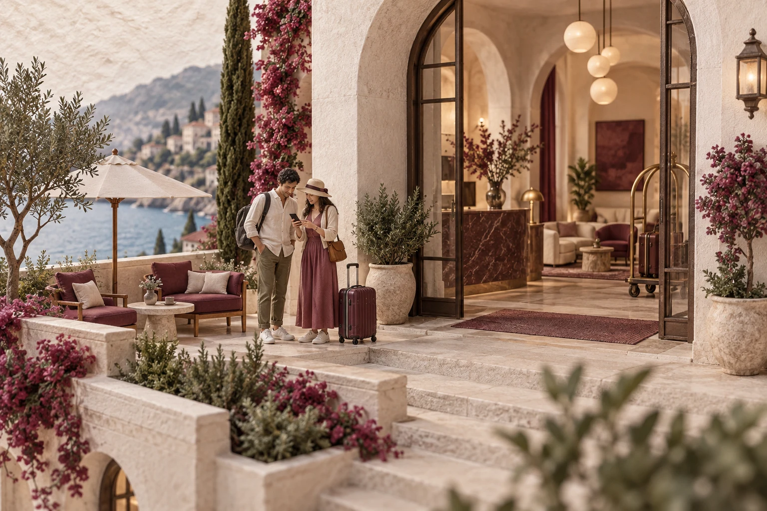 Small travellers planning a stay on a garden terrace beside a boutique hotel