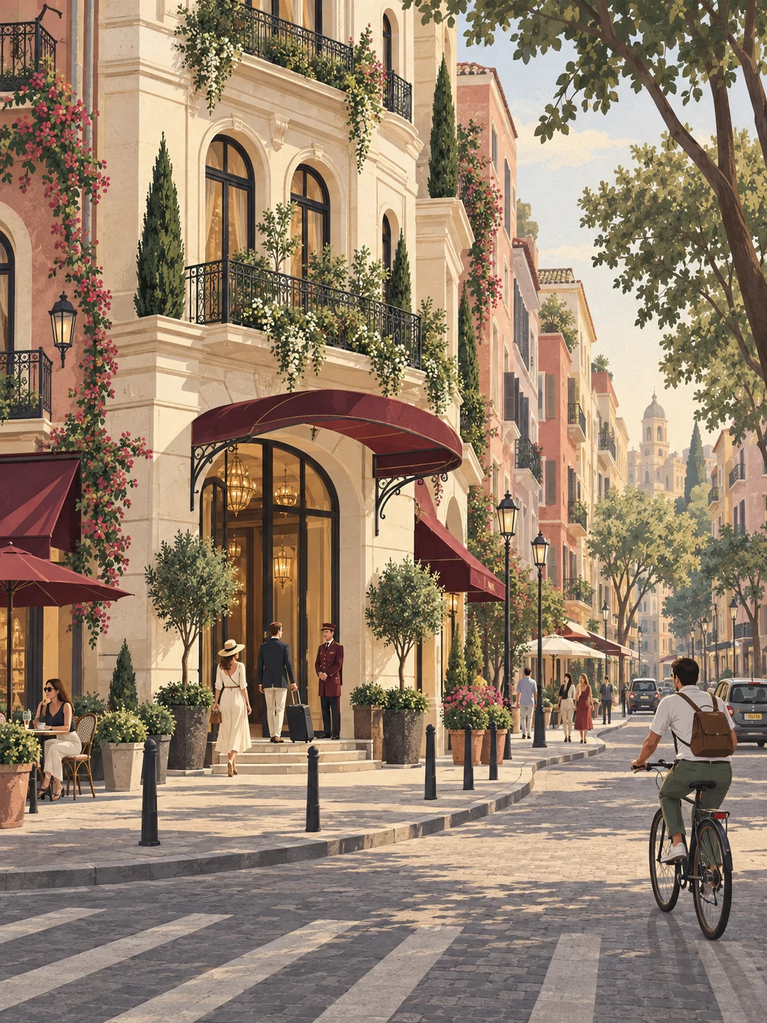 Editorial illustration of a boutique city hotel with a cyclist and arriving guests